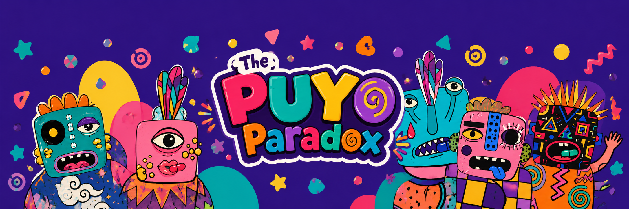 Illustration of five colorful PUYO characters